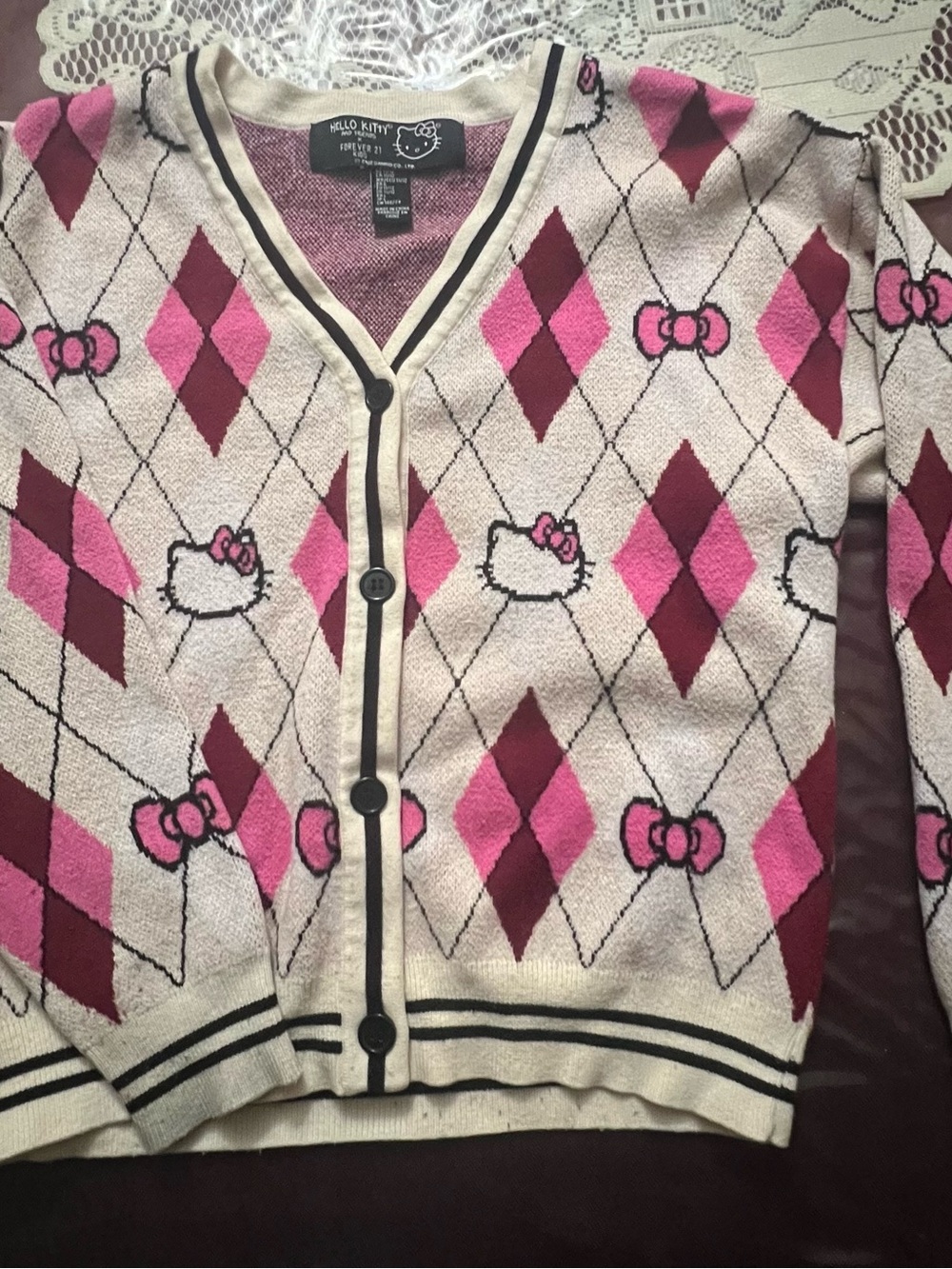 Forever 21 Hello Kitty Pink Argyle Button Cardigan